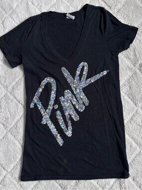 Victoria's Secret PINK | Black Sequin Bling V-Neck Short Sleeve Tee | Size Small